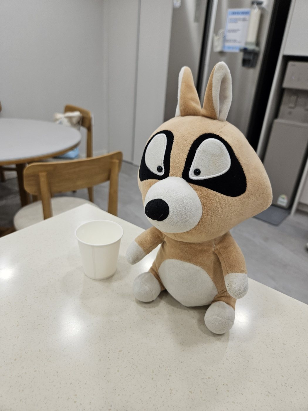 아이들이 머문 공간에 놓인 인형과 음료